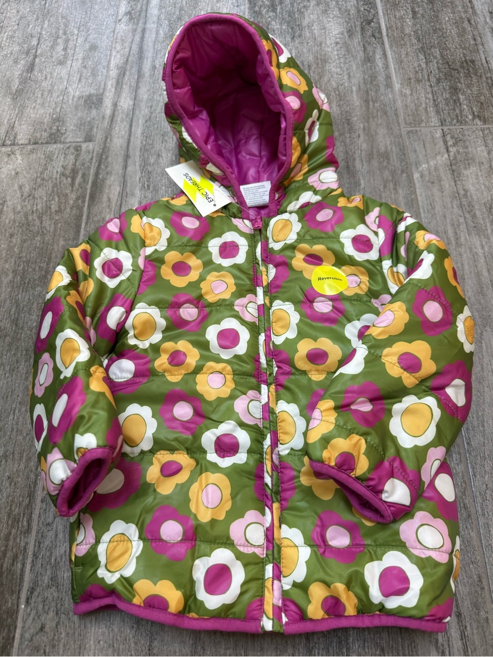 Epic Threads Girls Reversible Pink Green Floral Puffer Fall Winter Jacket w Hood